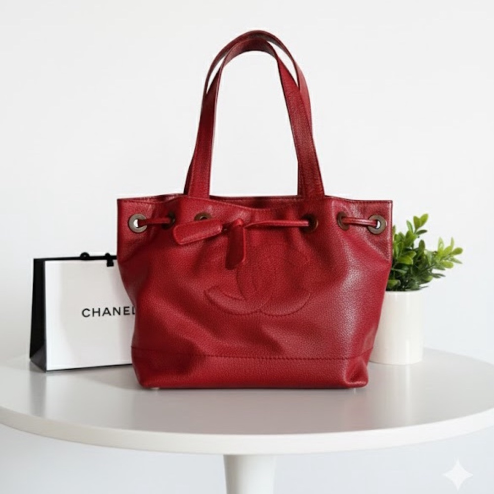 CHANEL CC Coco Mark Wood Grain Drawstring Vintage Tote Bag in Caviar
